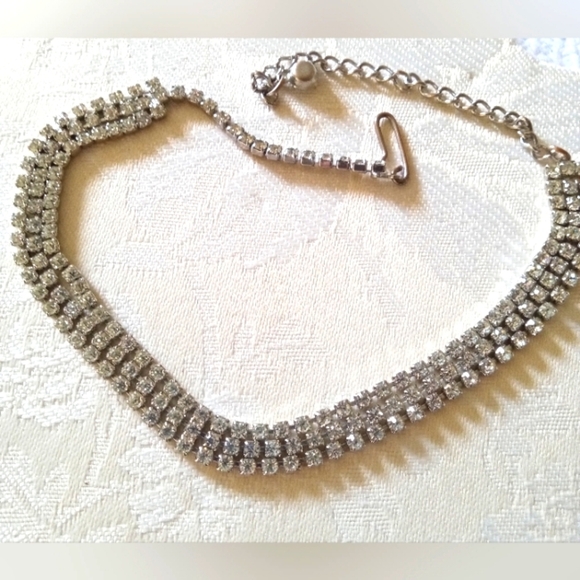 RHINESTONE NECKLACE CHOKER SILVER TONE 3 ROWS CLEAR SPARKLY 15" VINTAGE - Picture 1 of 4